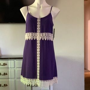 Purple, spaghetti, strap, summer mini dress with lace.